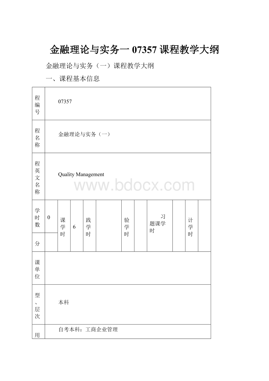 金融理论与实务一07357 课程教学大纲.docx