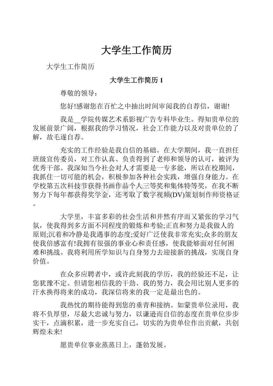 大学生工作简历Word格式文档下载.docx