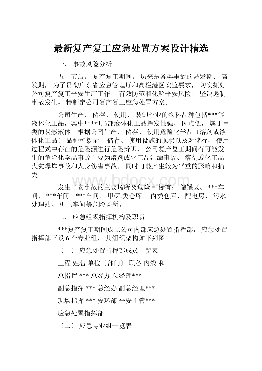 最新复产复工应急处置方案设计精选Word格式.docx