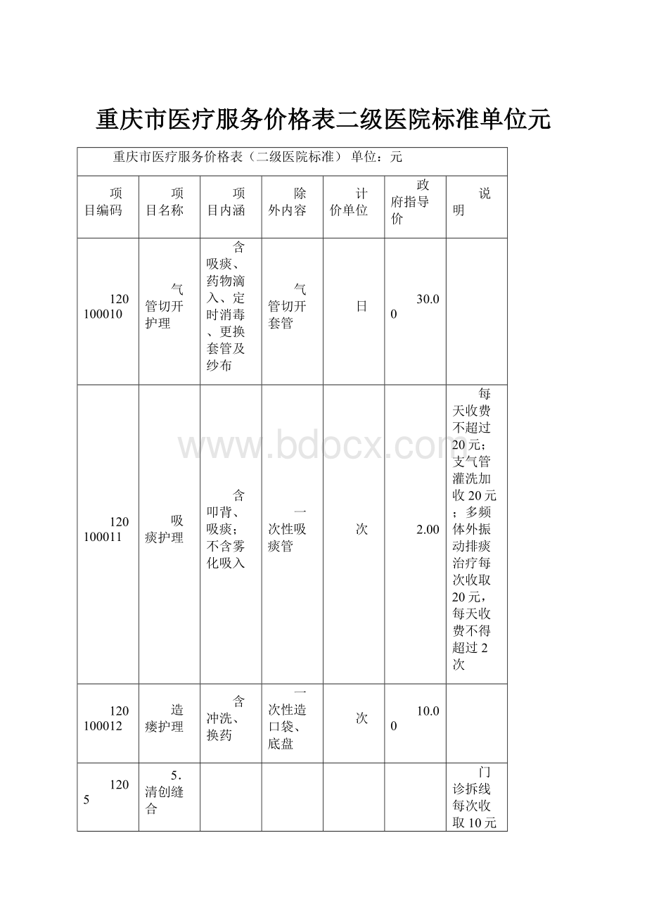 重庆市医疗服务价格表二级医院标准单位元.docx_第1页