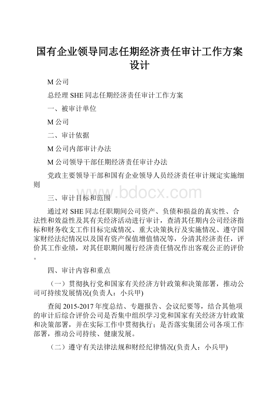 国有企业领导同志任期经济责任审计工作方案设计Word文档格式.docx