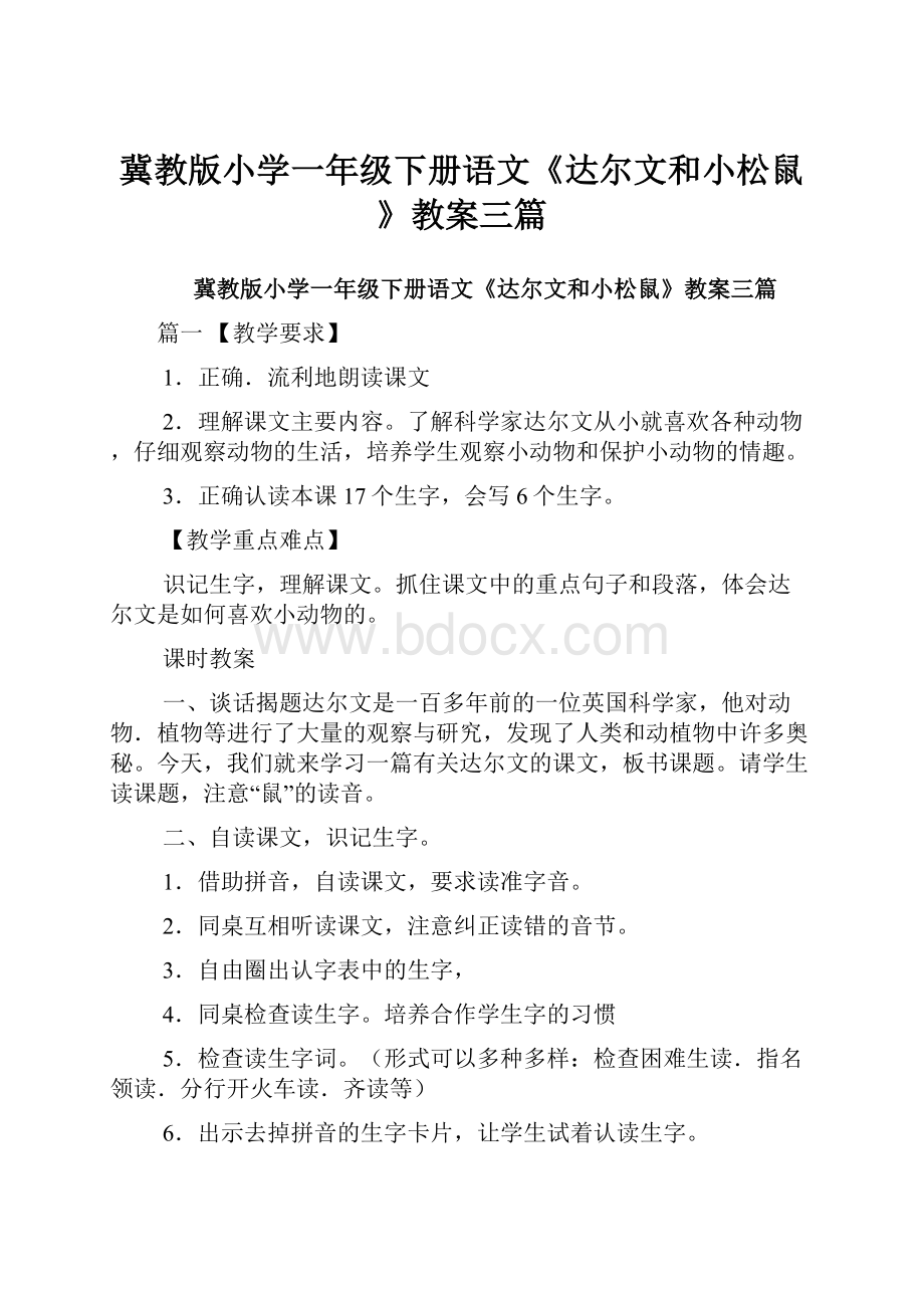 冀教版小学一年级下册语文《达尔文和小松鼠》教案三篇Word下载.docx