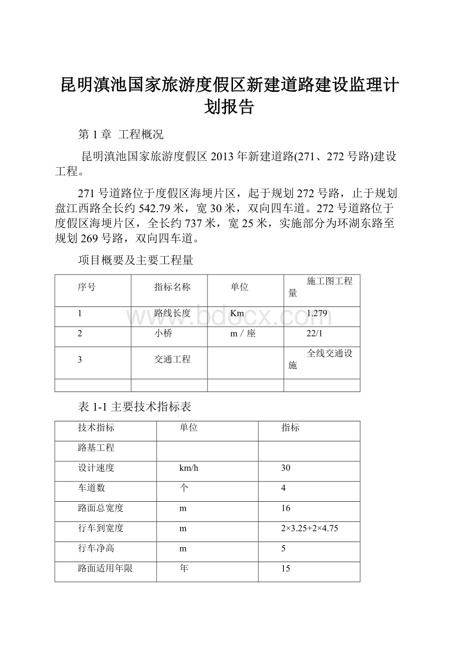 昆明滇池国家旅游度假区新建道路建设监理计划报告Word文档下载推荐.docx