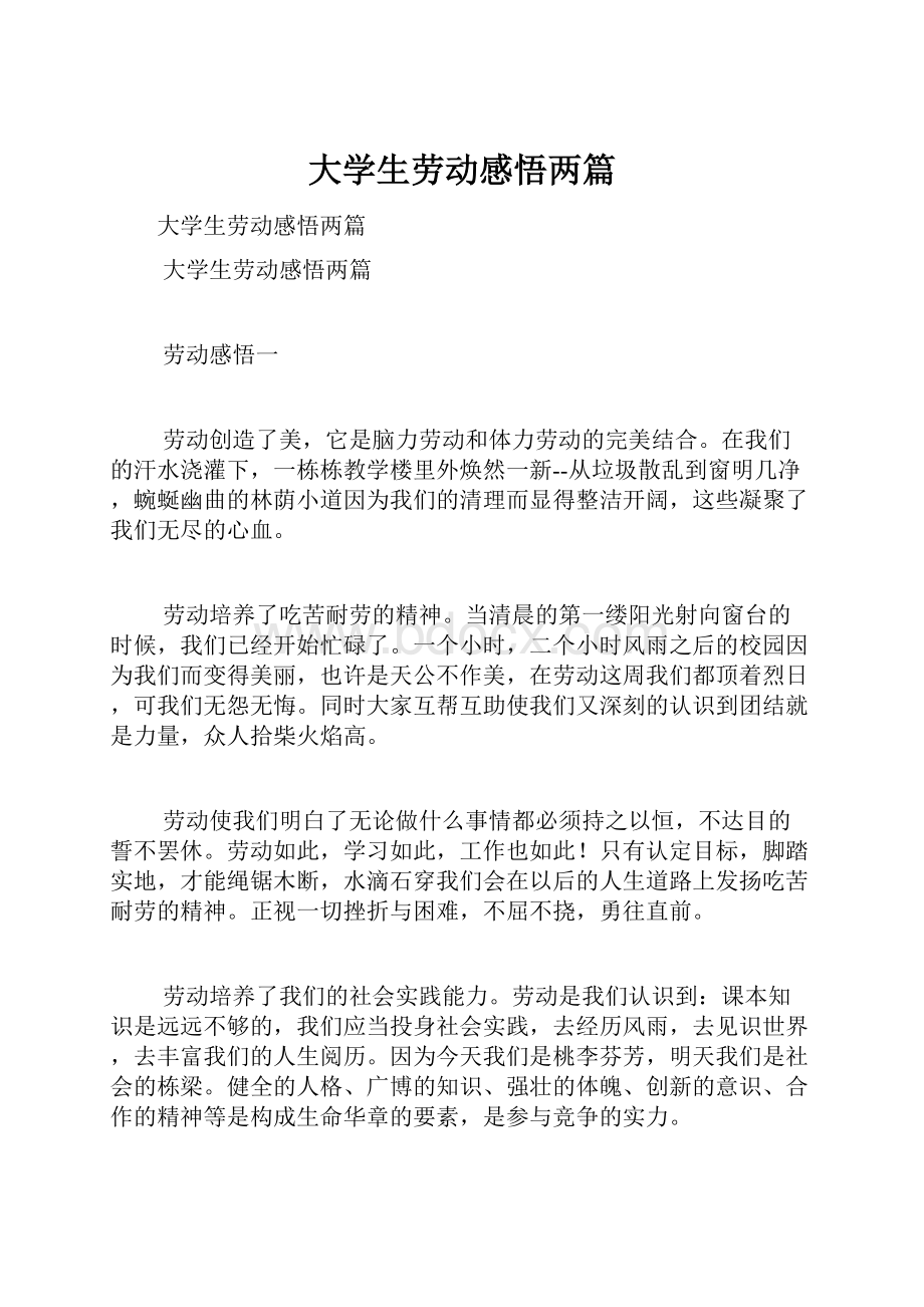 大学生劳动感悟两篇Word下载.docx