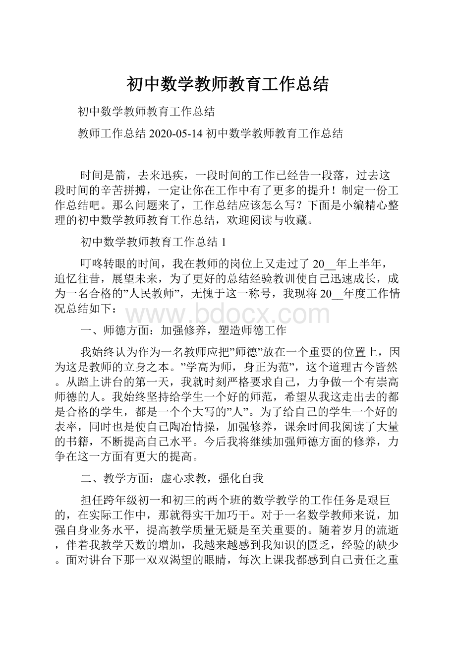 初中数学教师教育工作总结Word格式文档下载.docx