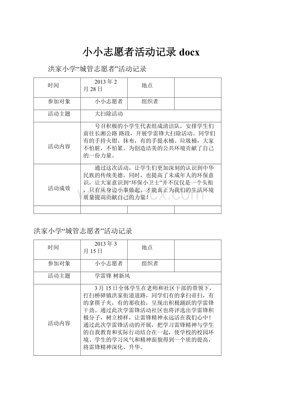 小小志愿者活动记录docxWord文档格式.docx