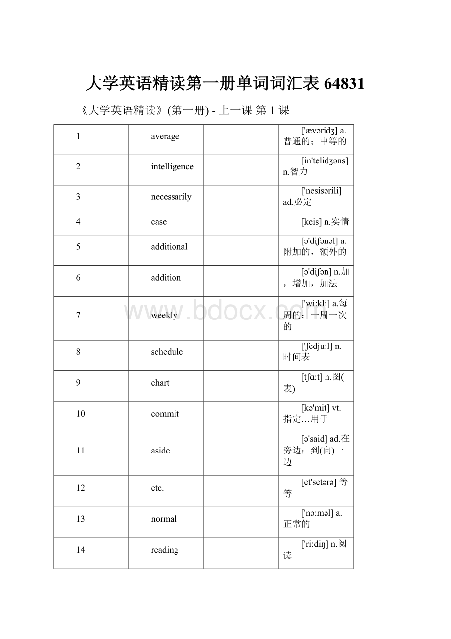 大学英语精读第一册单词词汇表64831Word文档下载推荐.docx_第1页