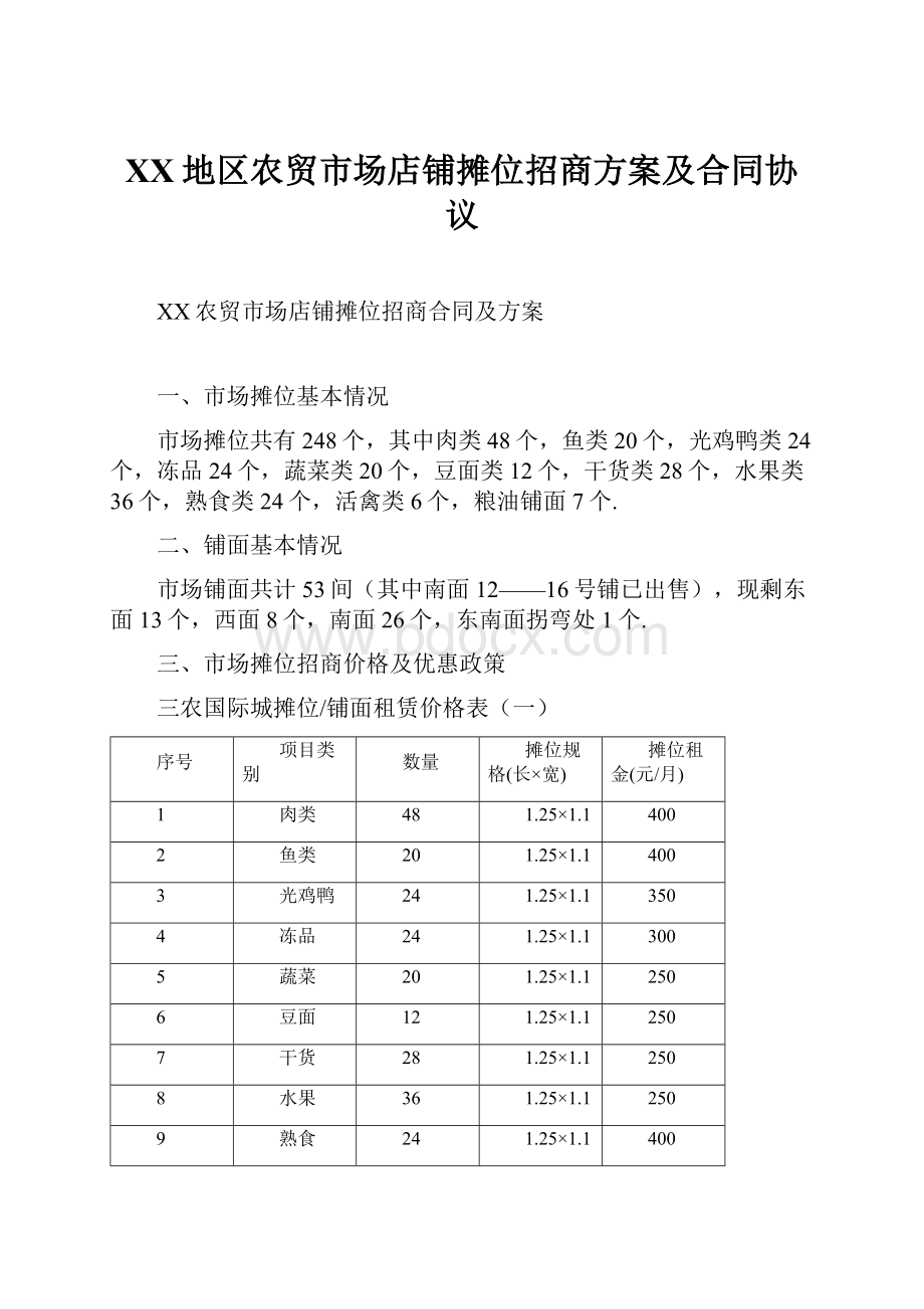 XX地区农贸市场店铺摊位招商方案及合同协议Word文件下载.docx_第1页