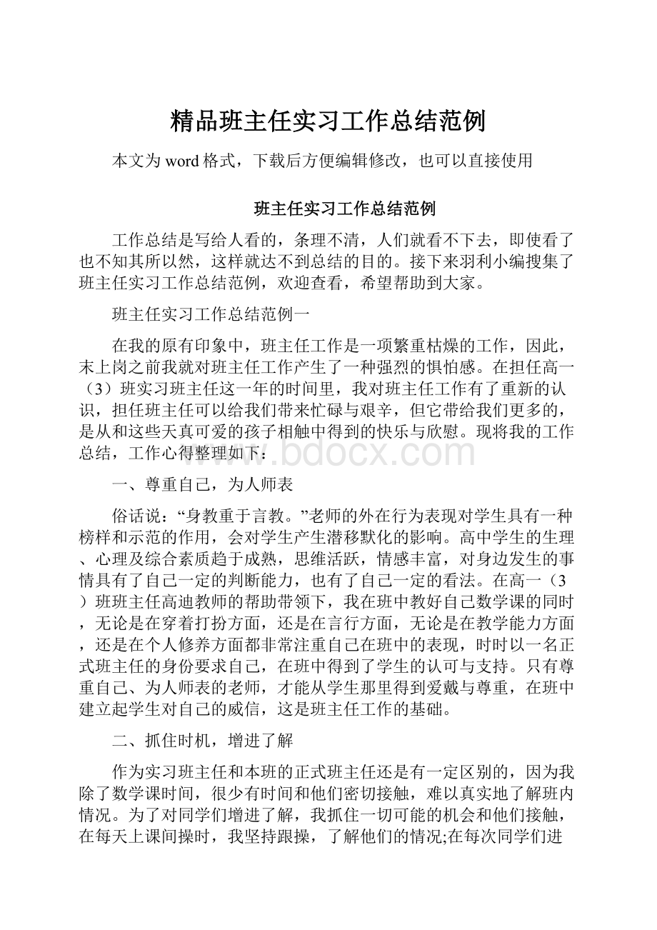 精品班主任实习工作总结范例Word下载.docx