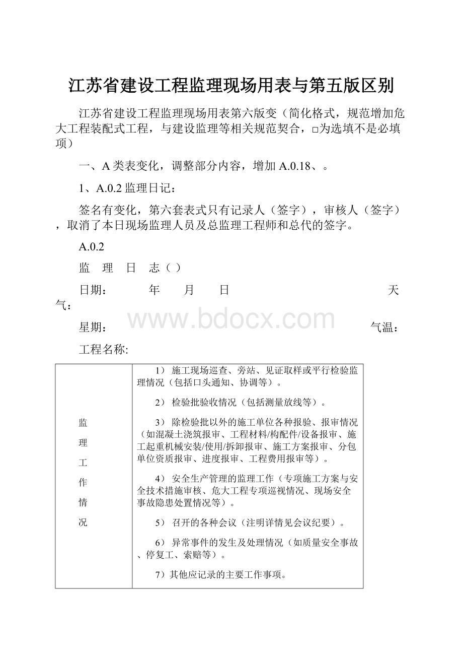 江苏省建设工程监理现场用表与第五版区别.docx