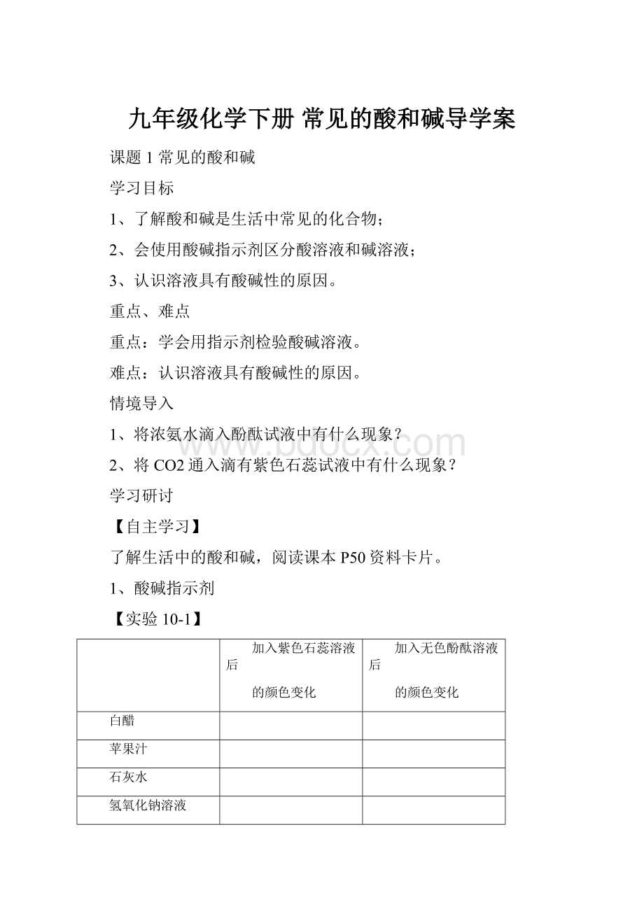 九年级化学下册常见的酸和碱导学案.docx_第1页