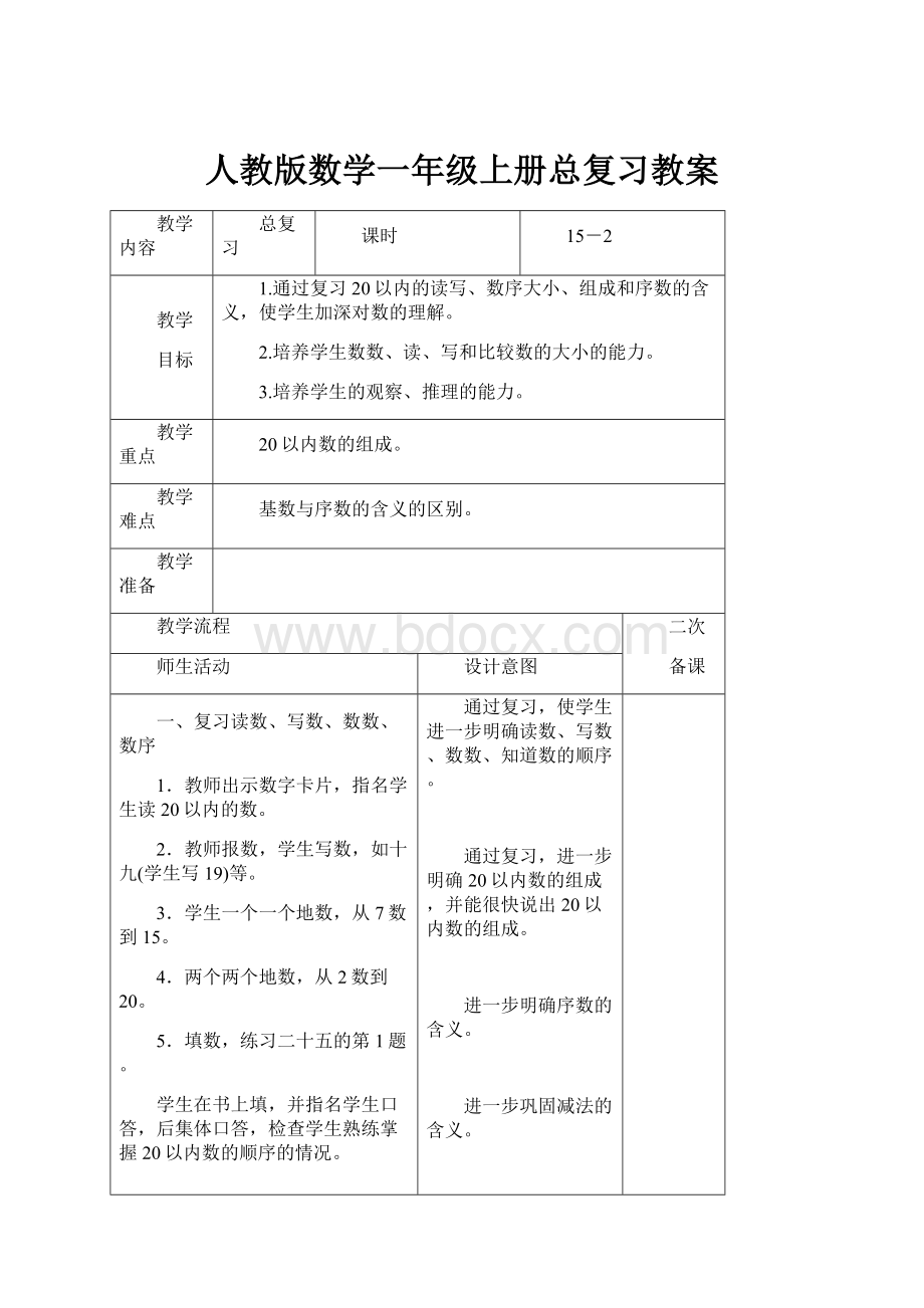 人教版数学一年级上册总复习教案Word文档下载推荐.docx