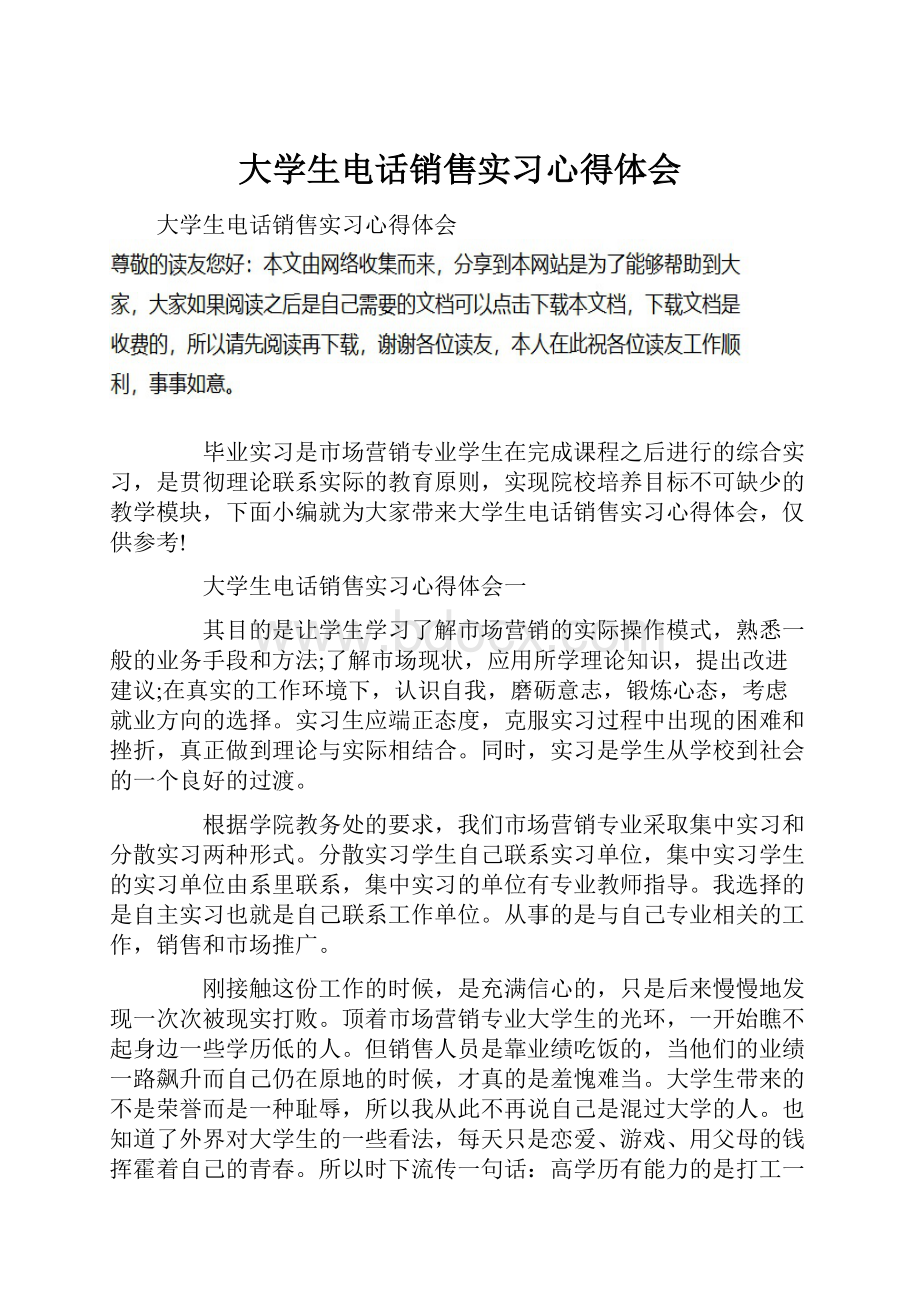 大学生电话销售实习心得体会Word文档格式.docx