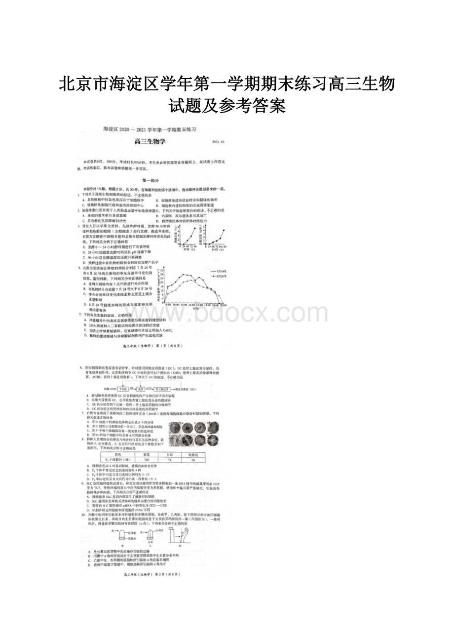 北京市海淀区学年第一学期期末练习高三生物试题及参考答案.docx_第1页