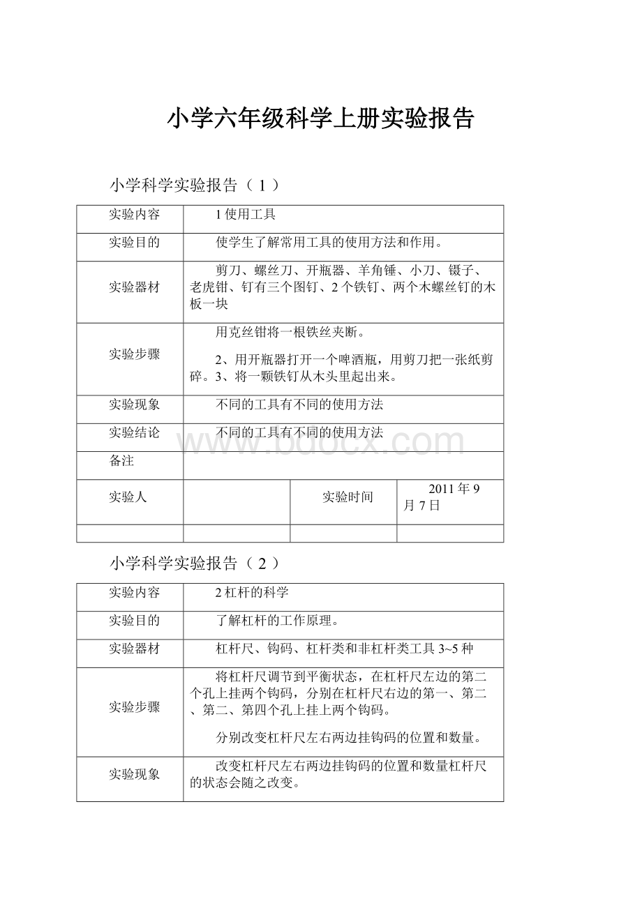 小学六年级科学上册实验报告Word格式文档下载.docx