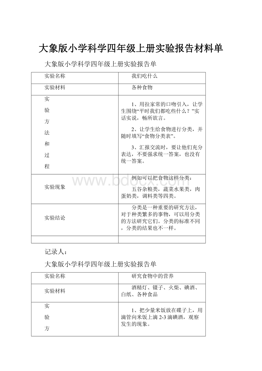 大象版小学科学四年级上册实验报告材料单Word文档格式.docx