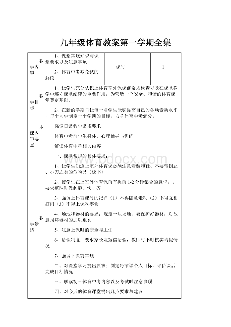 九年级体育教案第一学期全集Word格式.docx