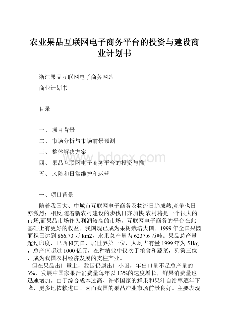 农业果品互联网电子商务平台的投资与建设商业计划书文档格式.docx