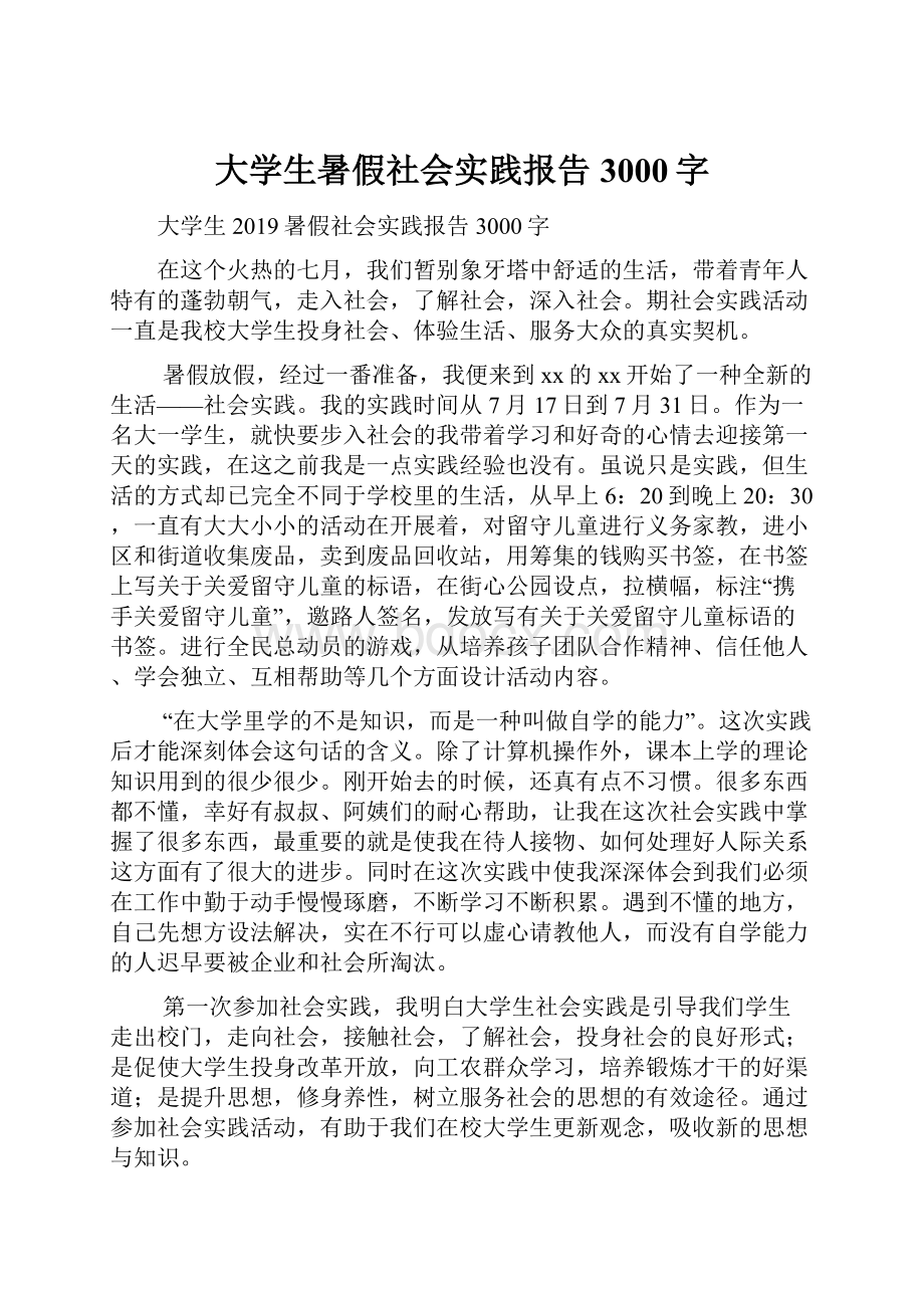 大学生暑假社会实践报告3000字文档格式.docx_第1页