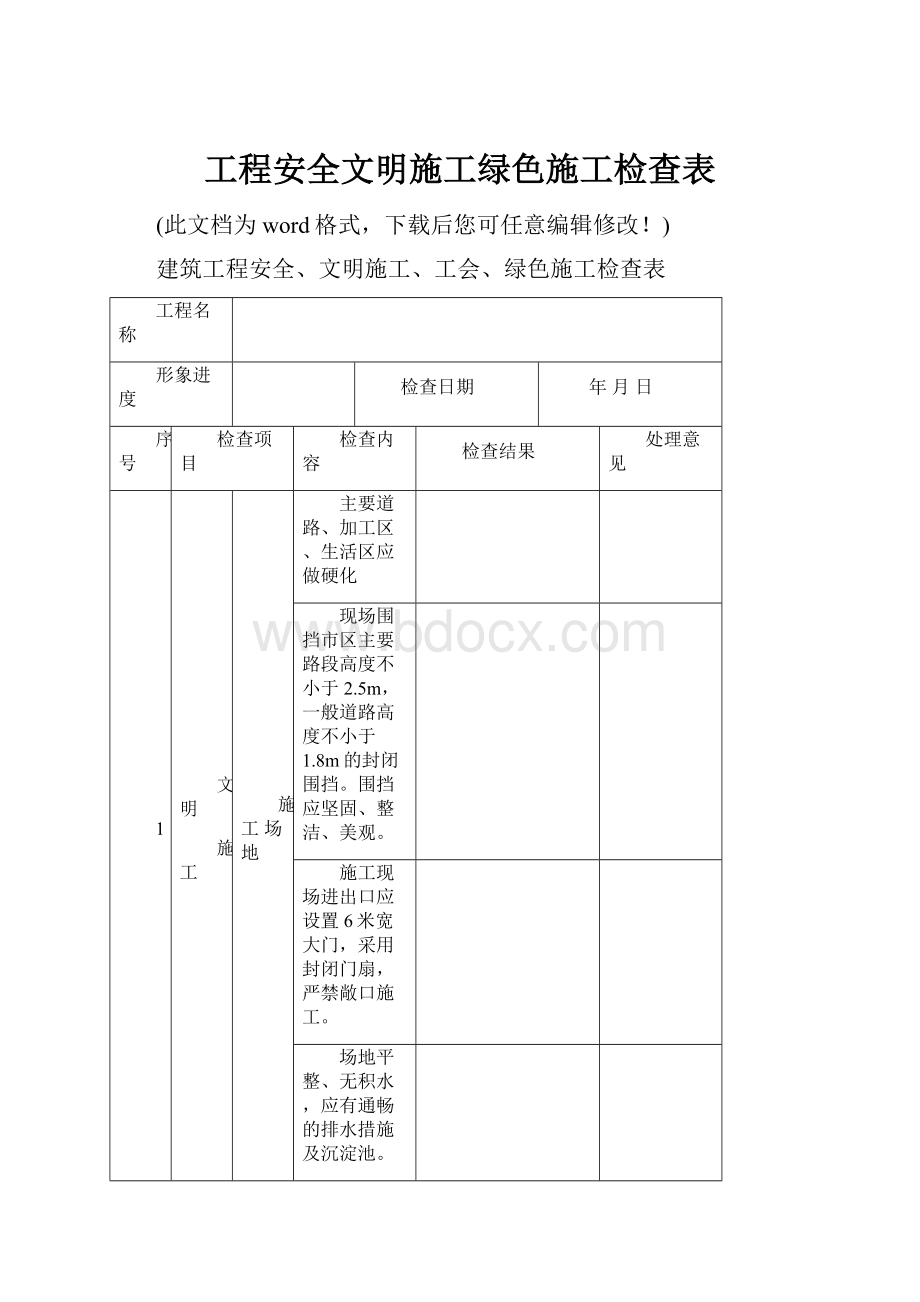 工程安全文明施工绿色施工检查表Word格式文档下载.docx