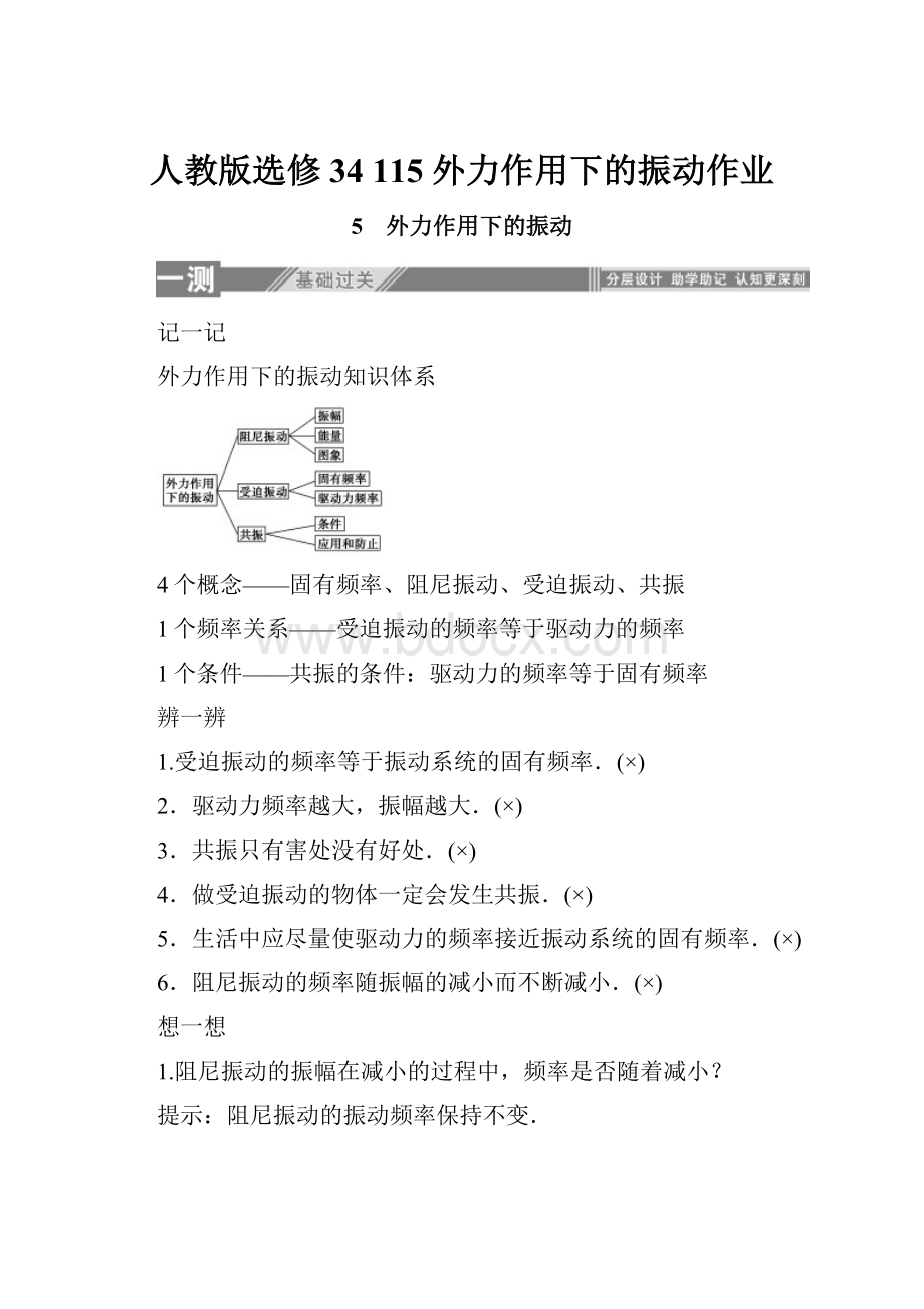 人教版选修34 115 外力作用下的振动作业.docx_第1页