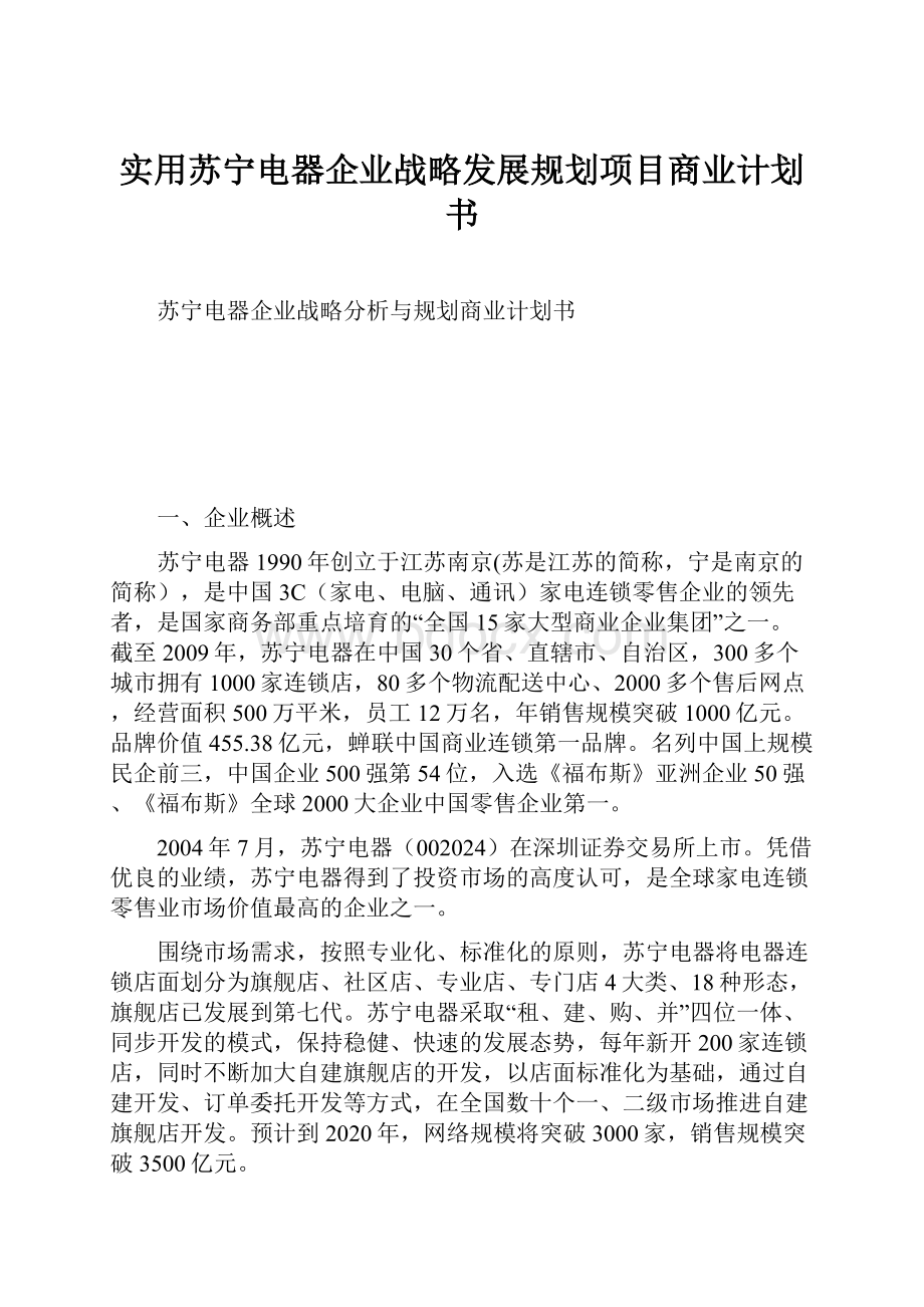 实用苏宁电器企业战略发展规划项目商业计划书Word文件下载.docx