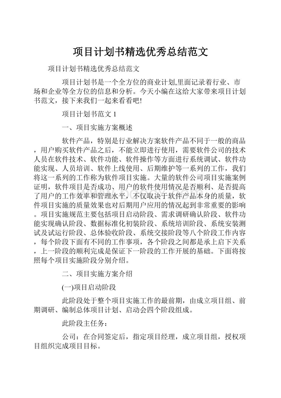 项目计划书精选优秀总结范文.docx_第1页