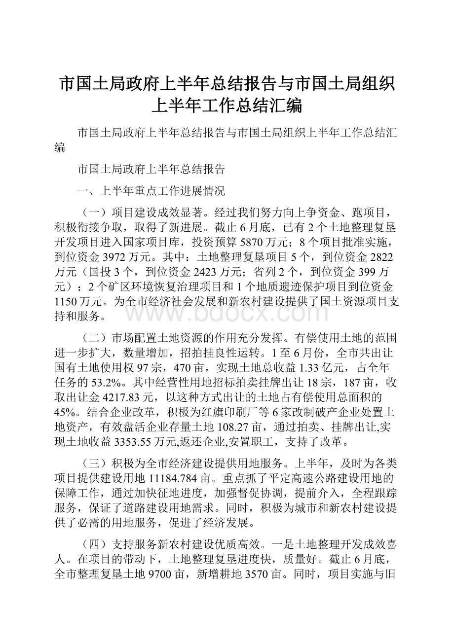 市国土局政府上半年总结报告与市国土局组织上半年工作总结汇编Word下载.docx