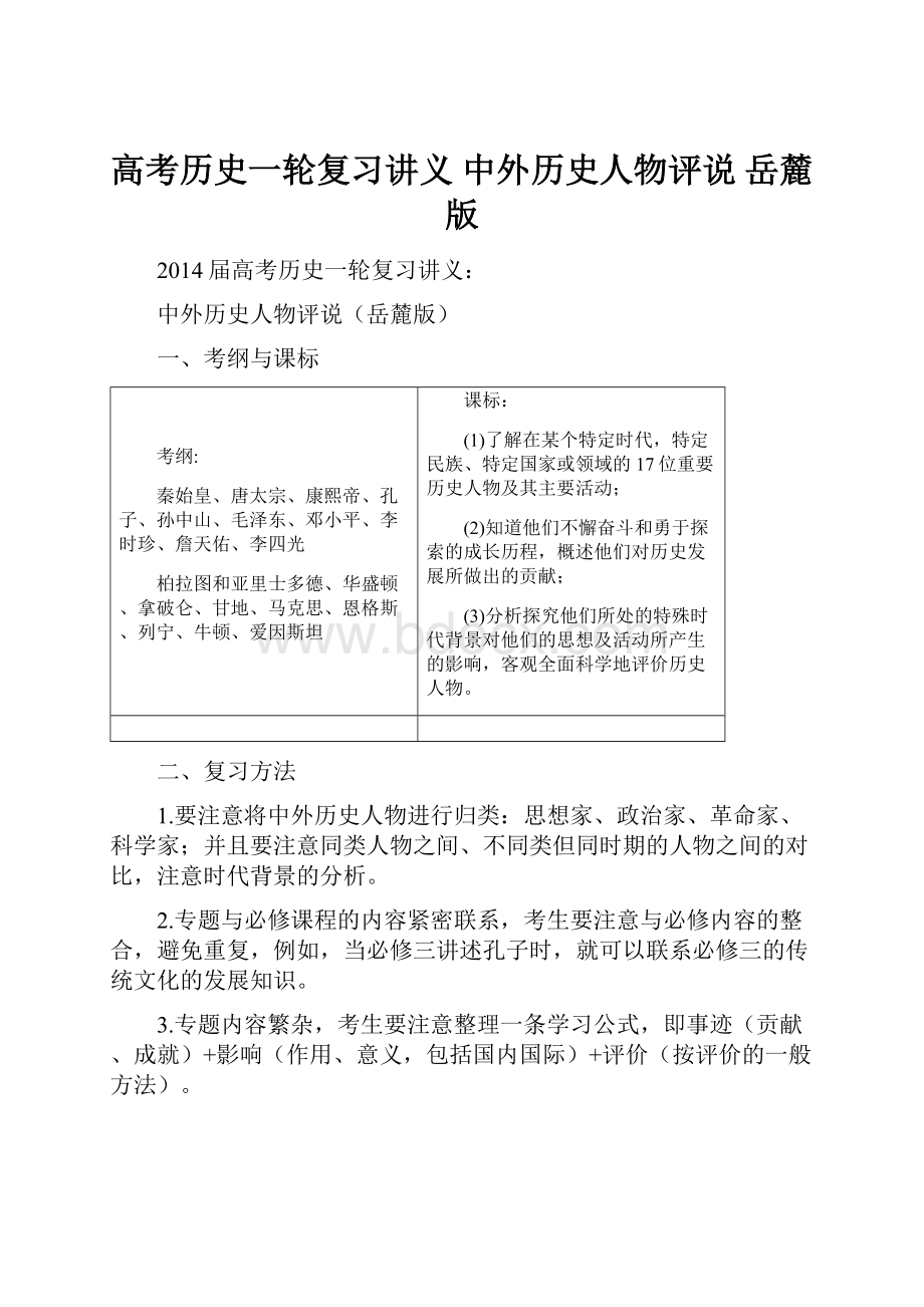 高考历史一轮复习讲义 中外历史人物评说 岳麓版Word文档格式.docx_第1页