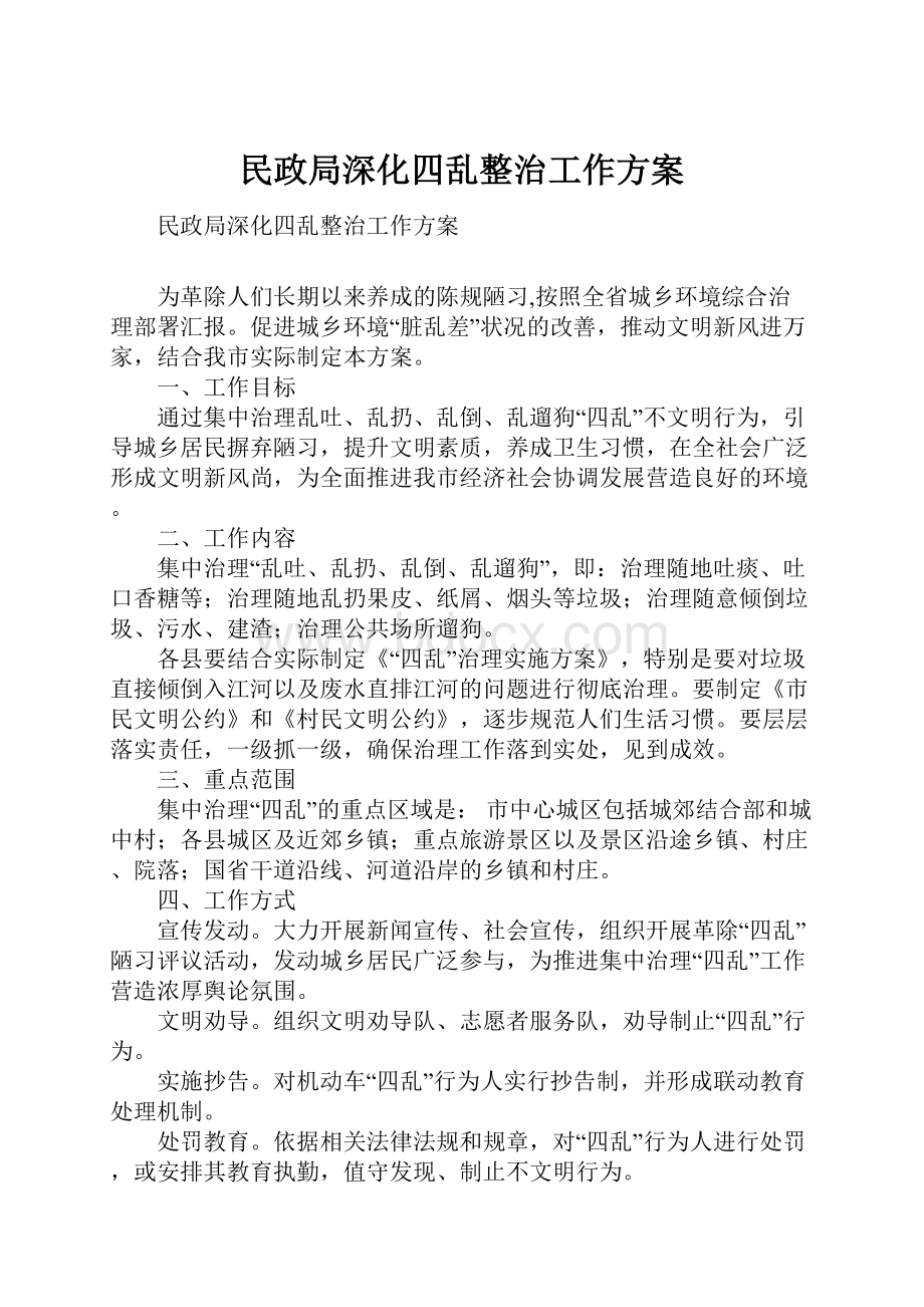 民政局深化四乱整治工作方案Word格式.docx_第1页