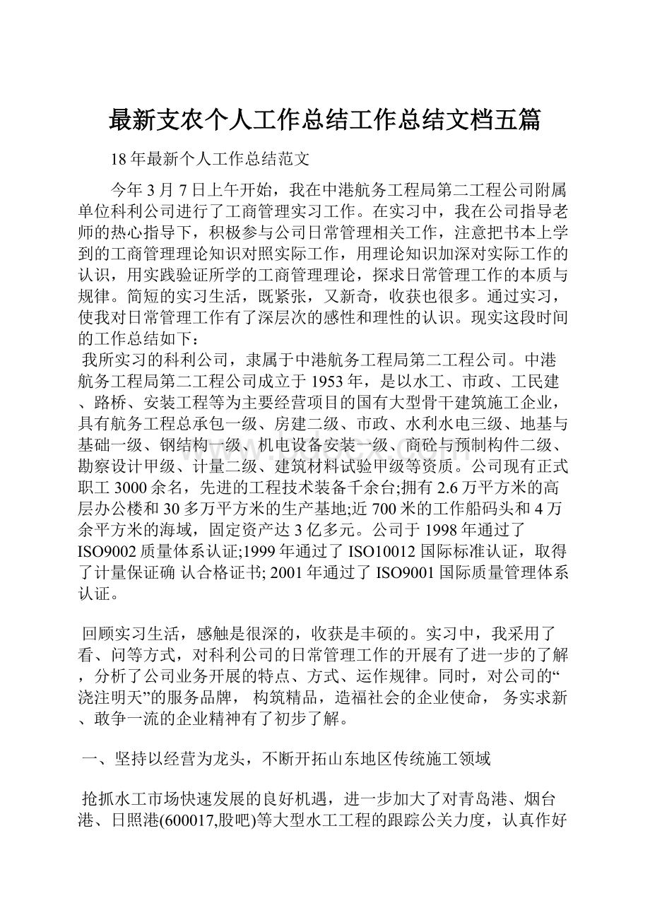 最新支农个人工作总结工作总结文档五篇Word文档下载推荐.docx_第1页