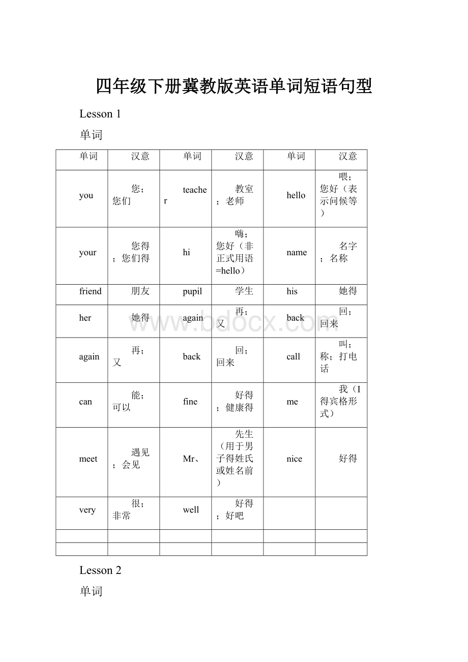 四年级下册冀教版英语单词短语句型.docx_第1页