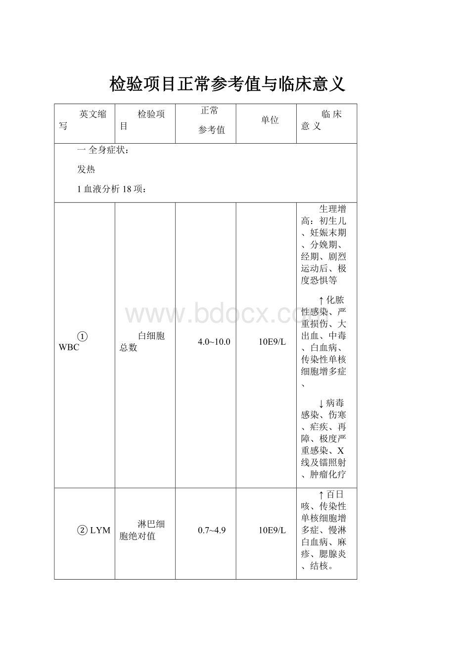 检验项目正常参考值与临床意义Word文档下载推荐.docx