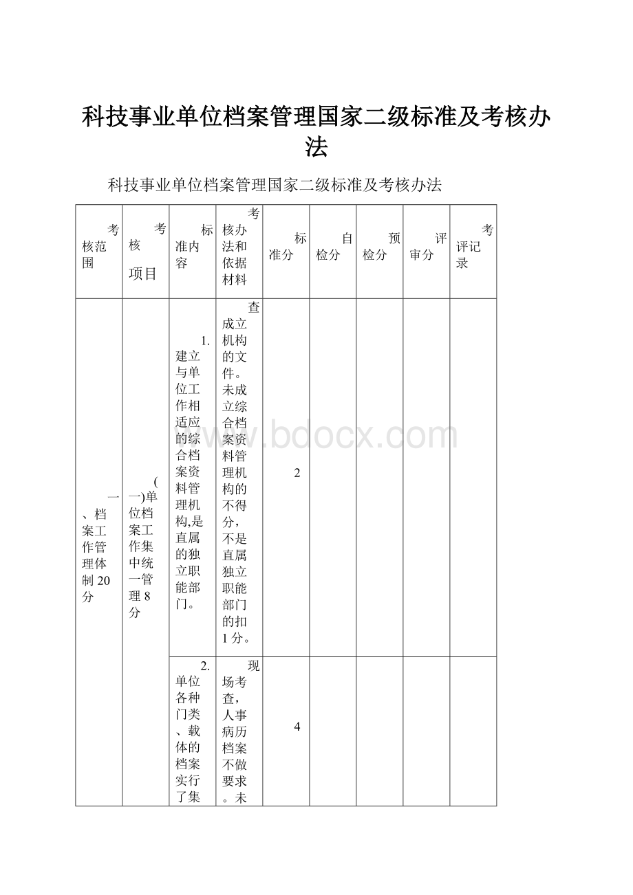 科技事业单位档案管理国家二级标准及考核办法Word格式文档下载.docx