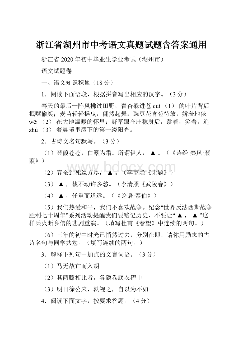 浙江省湖州市中考语文真题试题含答案通用.docx_第1页