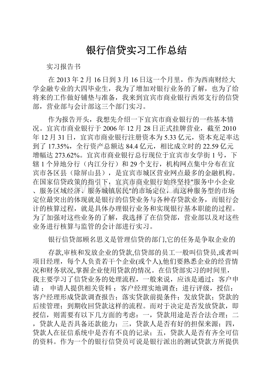 银行信贷实习工作总结Word下载.docx