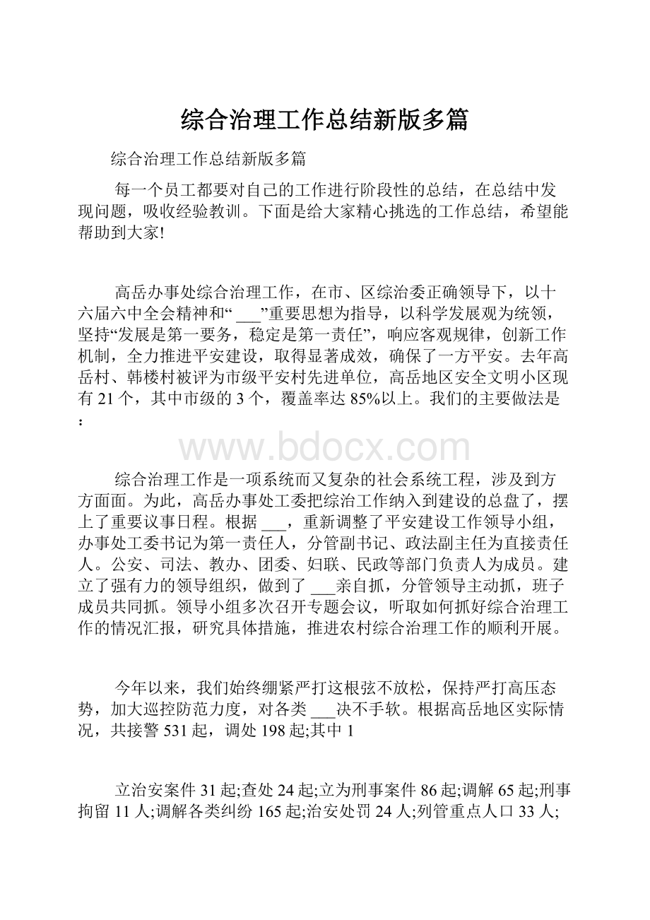 综合治理工作总结新版多篇文档格式.docx