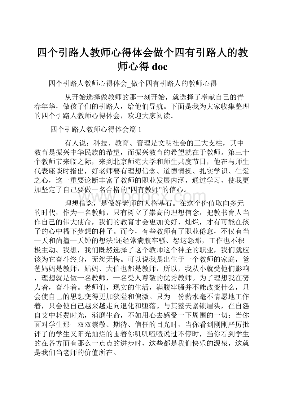 四个引路人教师心得体会做个四有引路人的教师心得docWord文档下载推荐.docx