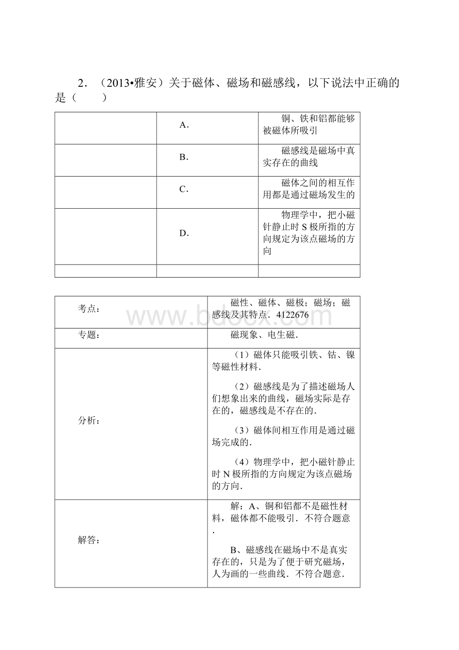 中考物理磁现象磁场练习题.docx_第2页