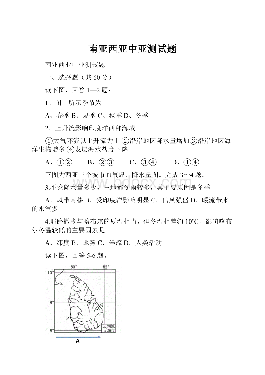 南亚西亚中亚测试题Word格式文档下载.docx