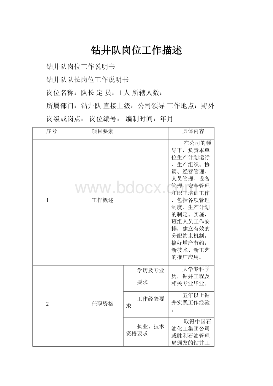 钻井队岗位工作描述Word文档格式.docx