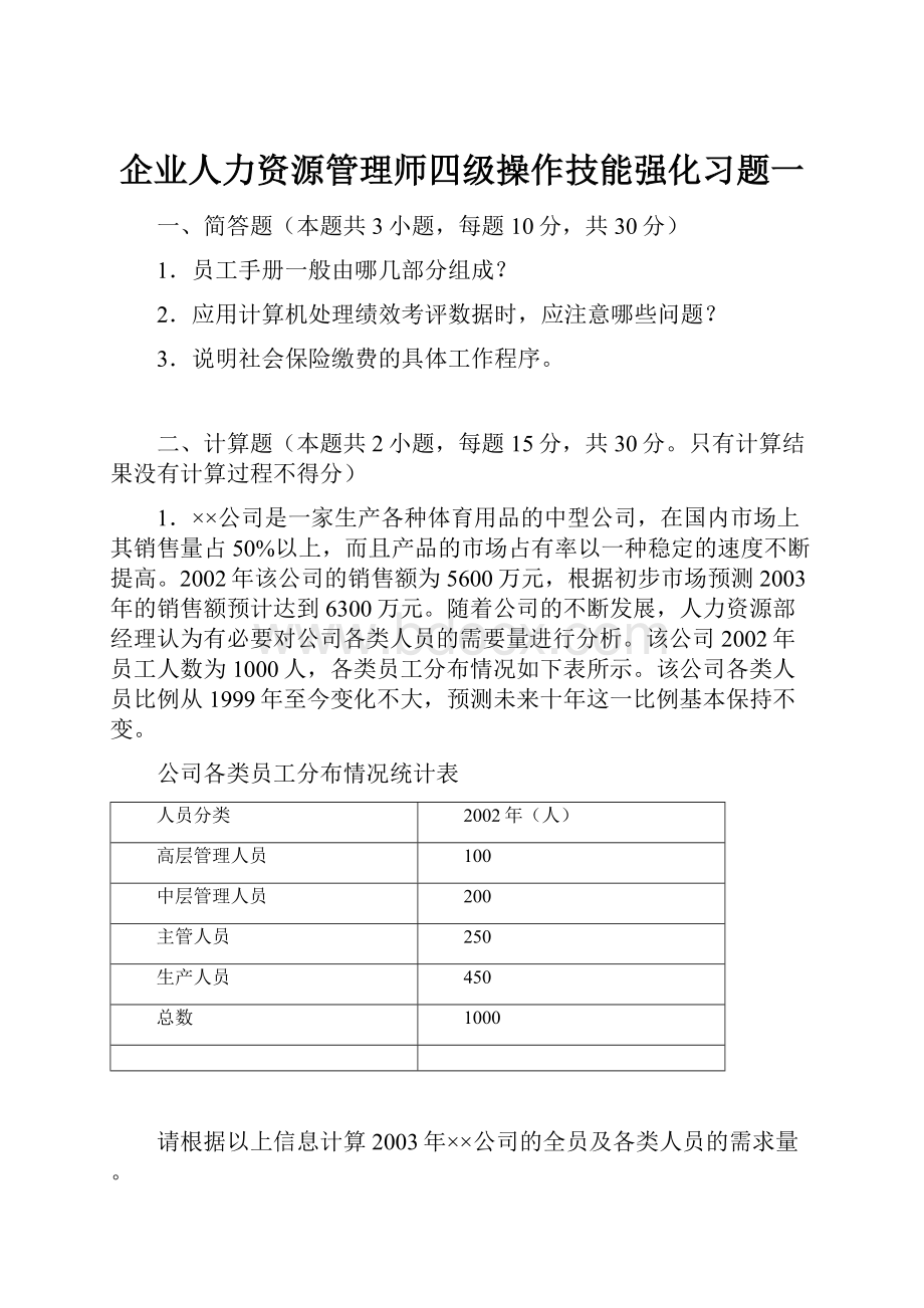 企业人力资源管理师四级操作技能强化习题一.docx