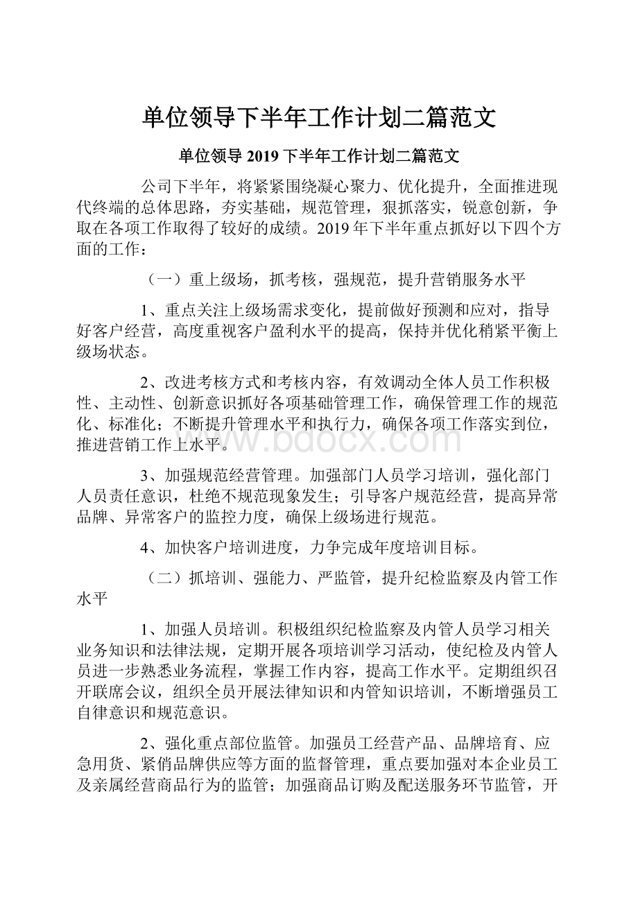 单位领导下半年工作计划二篇范文.docx_第1页