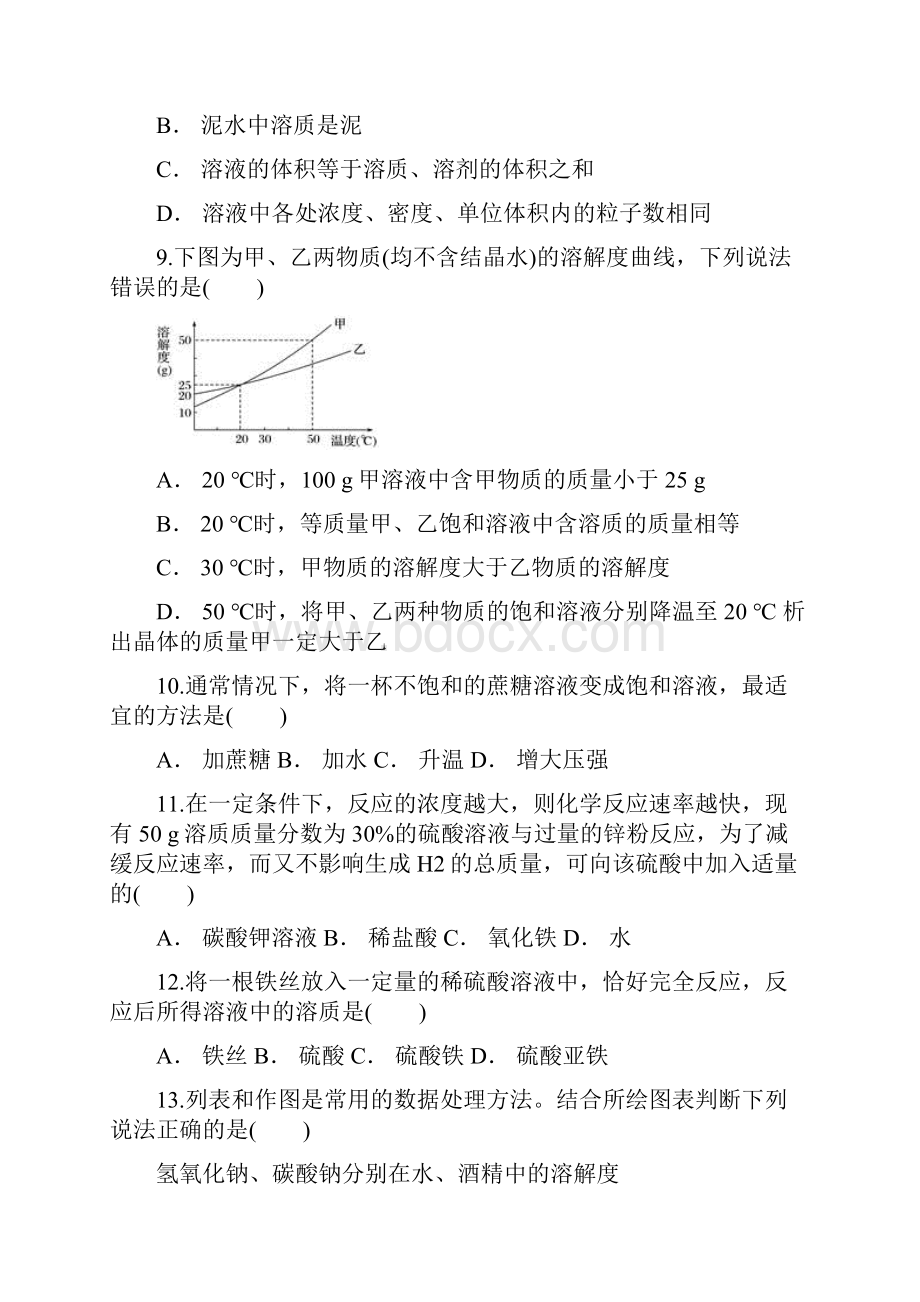 人教版初中化学九年级下册第九单元《溶液》单元测试题解析版.docx_第3页