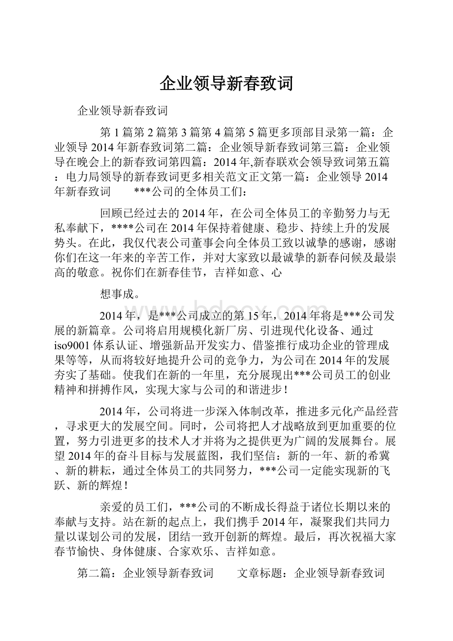 企业领导新春致词Word格式文档下载.docx