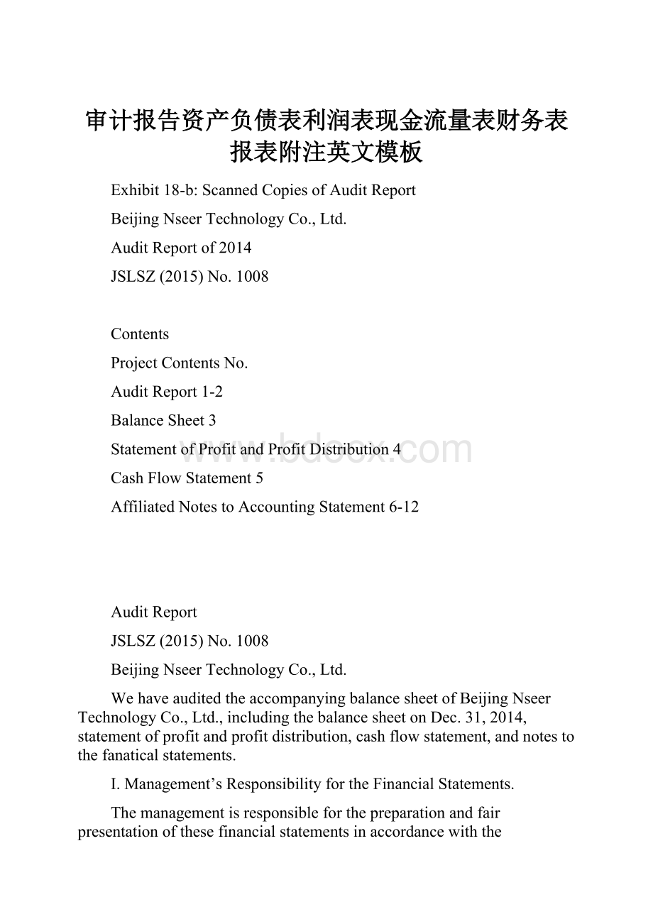 审计报告资产负债表利润表现金流量表财务表报表附注英文模板Word格式.docx