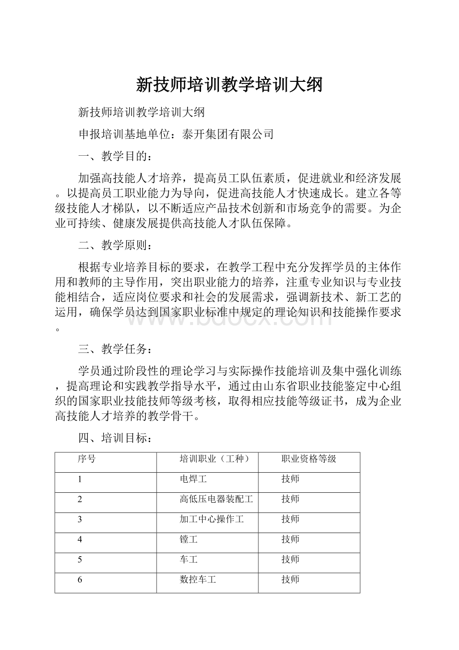 新技师培训教学培训大纲Word文件下载.docx