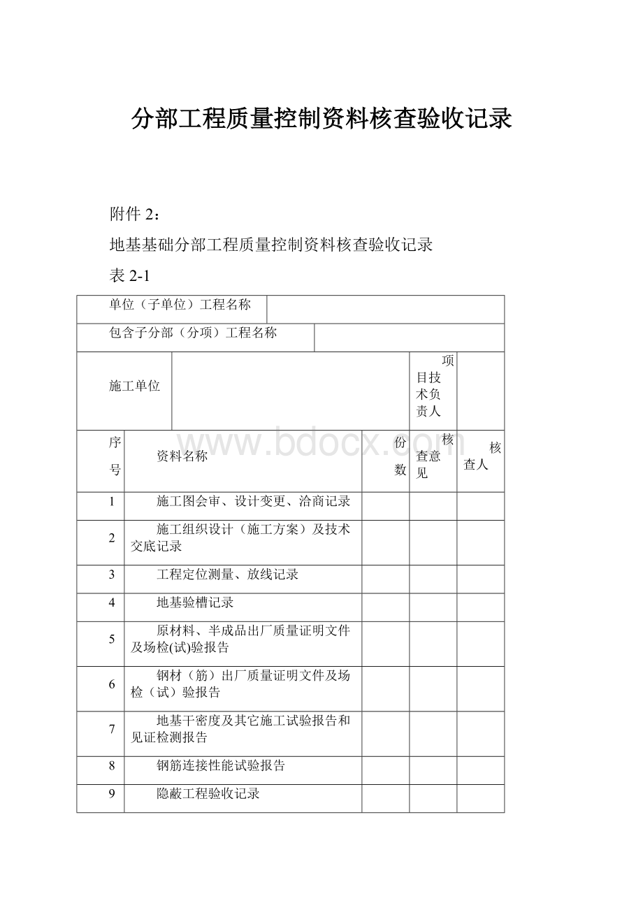 分部工程质量控制资料核查验收记录Word文档下载推荐.docx