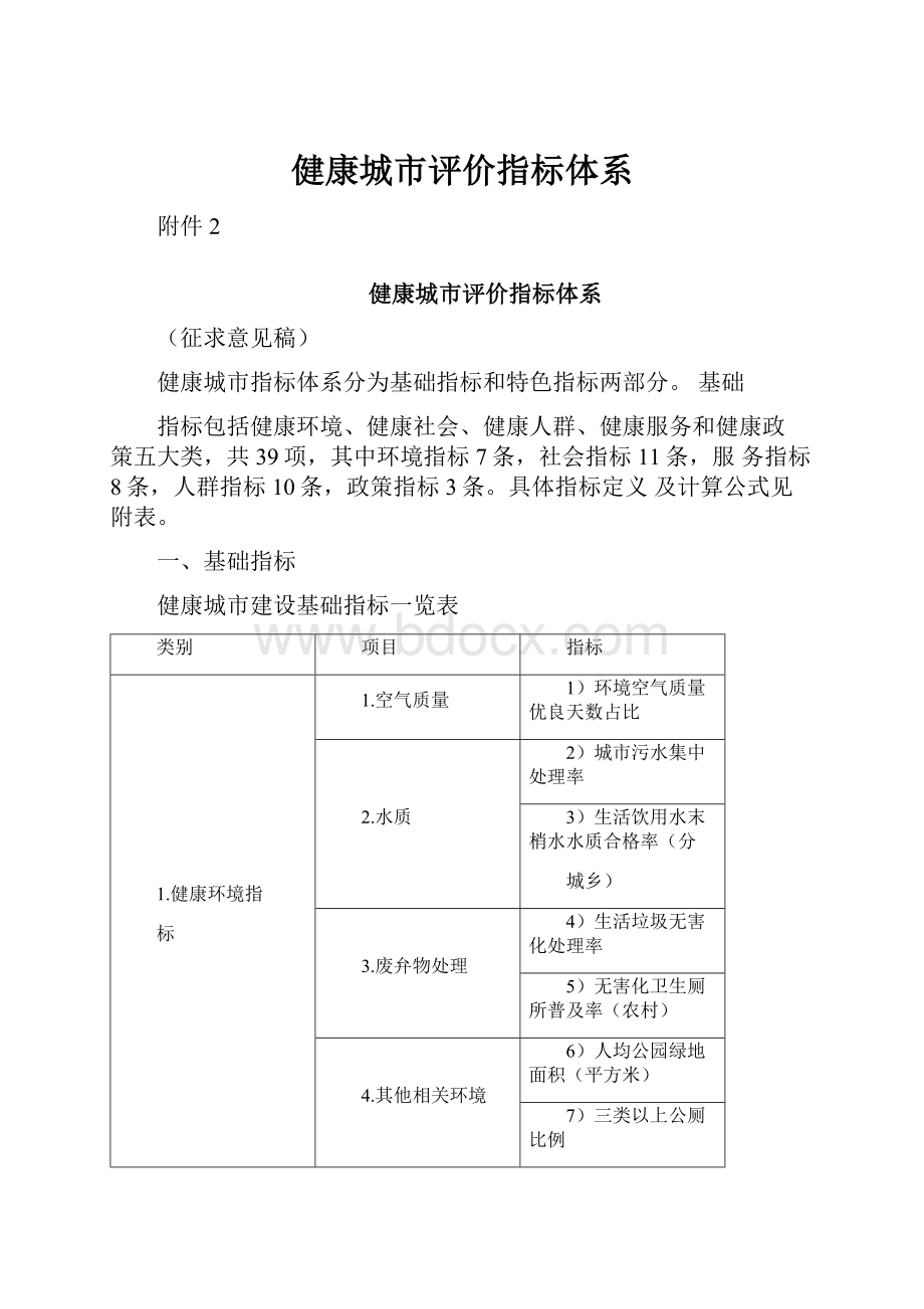 健康城市评价指标体系Word下载.docx