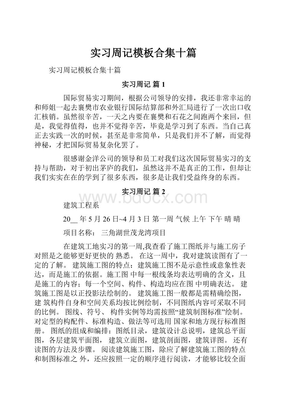 实习周记模板合集十篇文档格式.docx